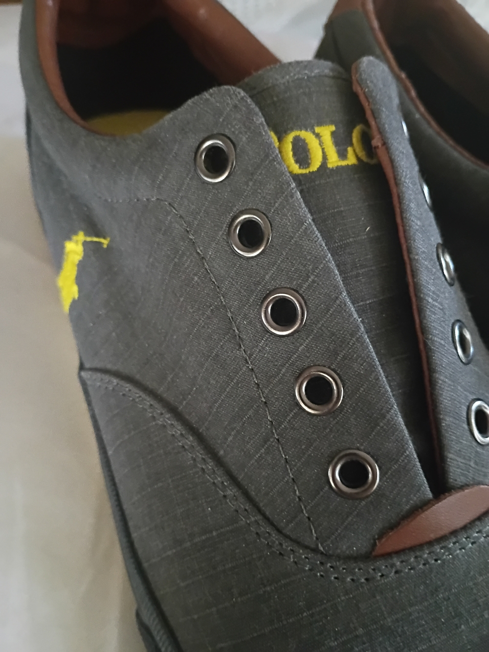 Polo by Ralph Lauren Men’s Gray Canvas Sneakers with Yellow Logo Accent